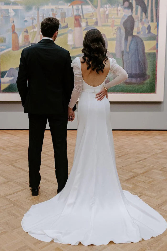 Square Neck Long Sleeves White Satin Wedding Dresses