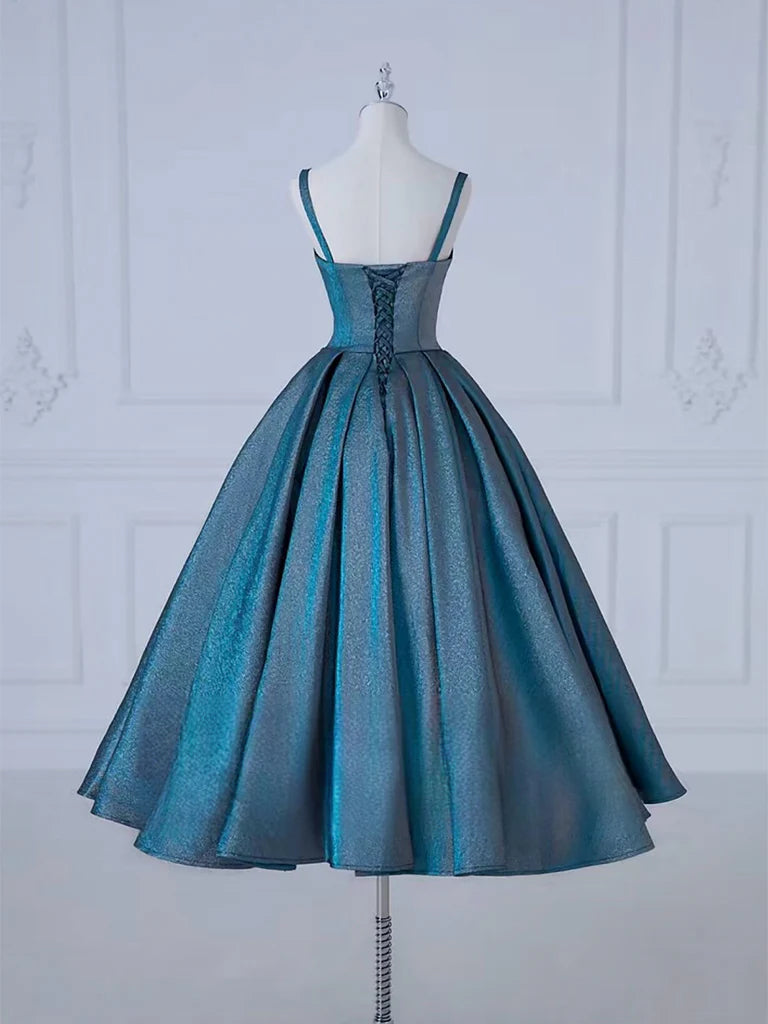 A-Line Sweetheart Neck Satin Tea Length Blue Party Dress