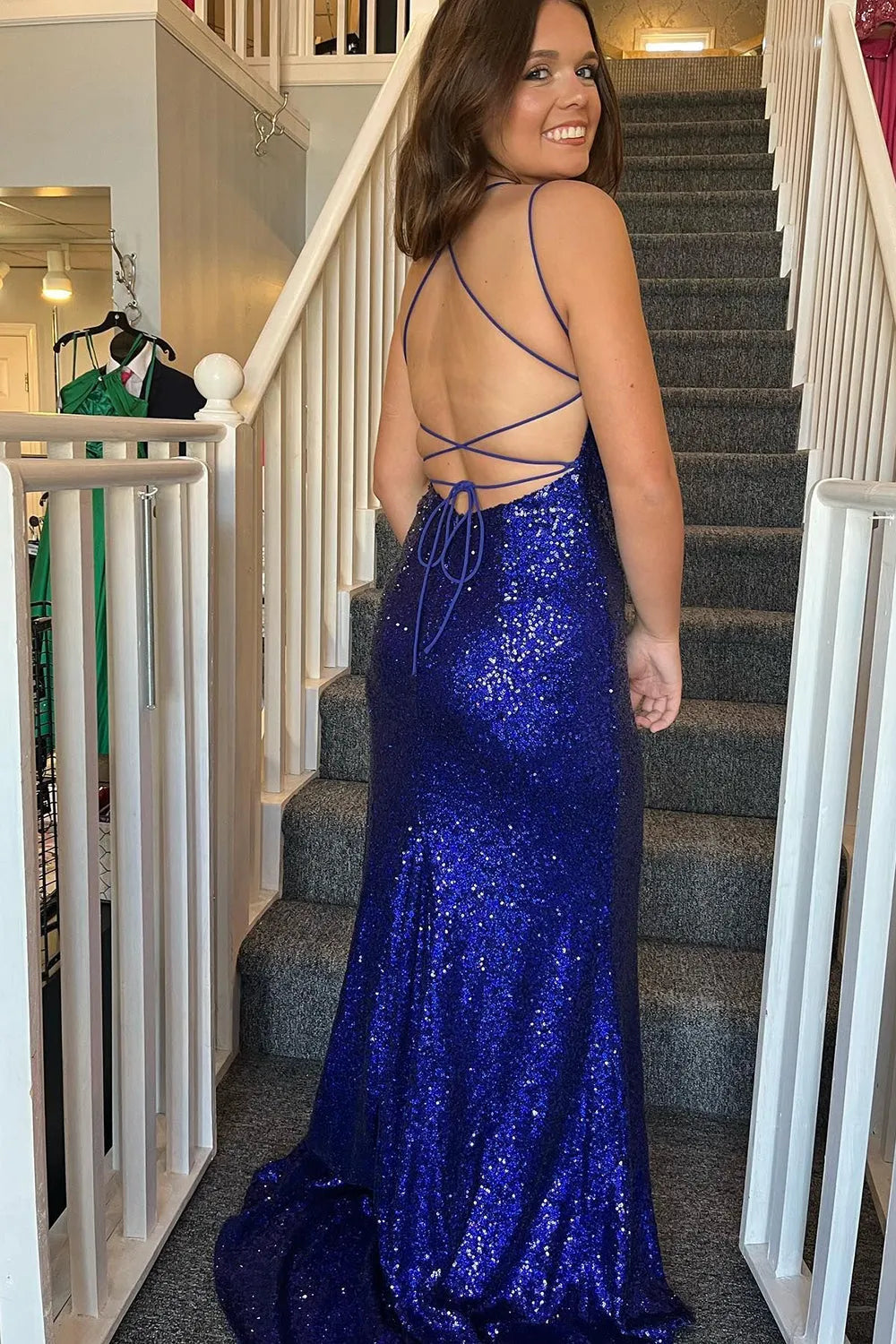 Royal Blue Sequins Spaghetti Straps Prom Dress with