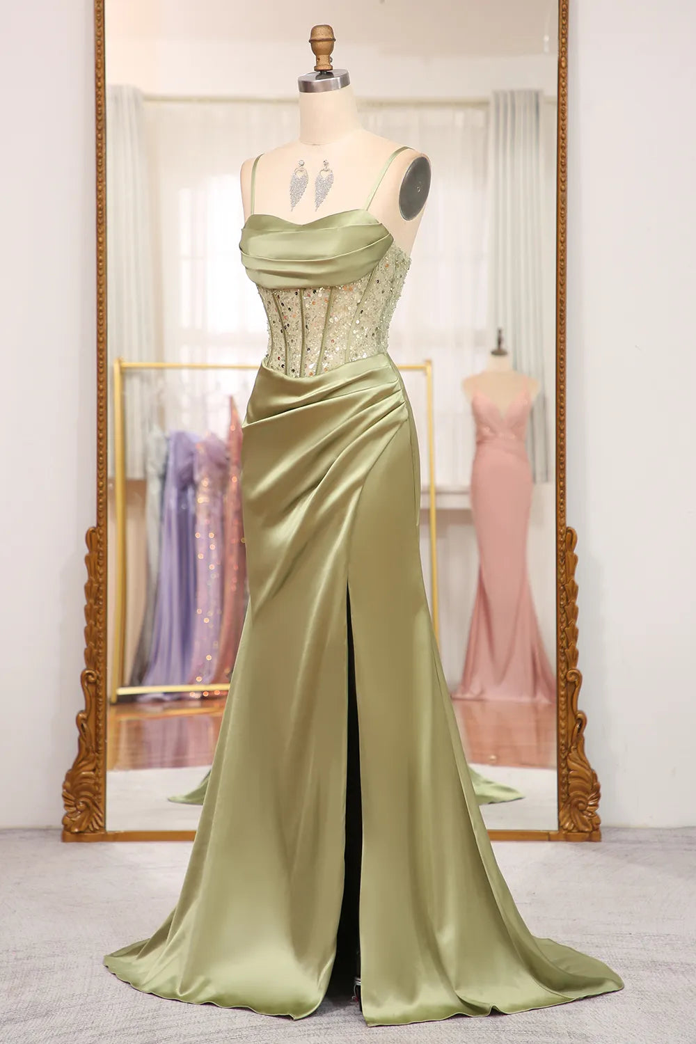 Spaghetti Straps Sage Corset Prom Dress with Beading