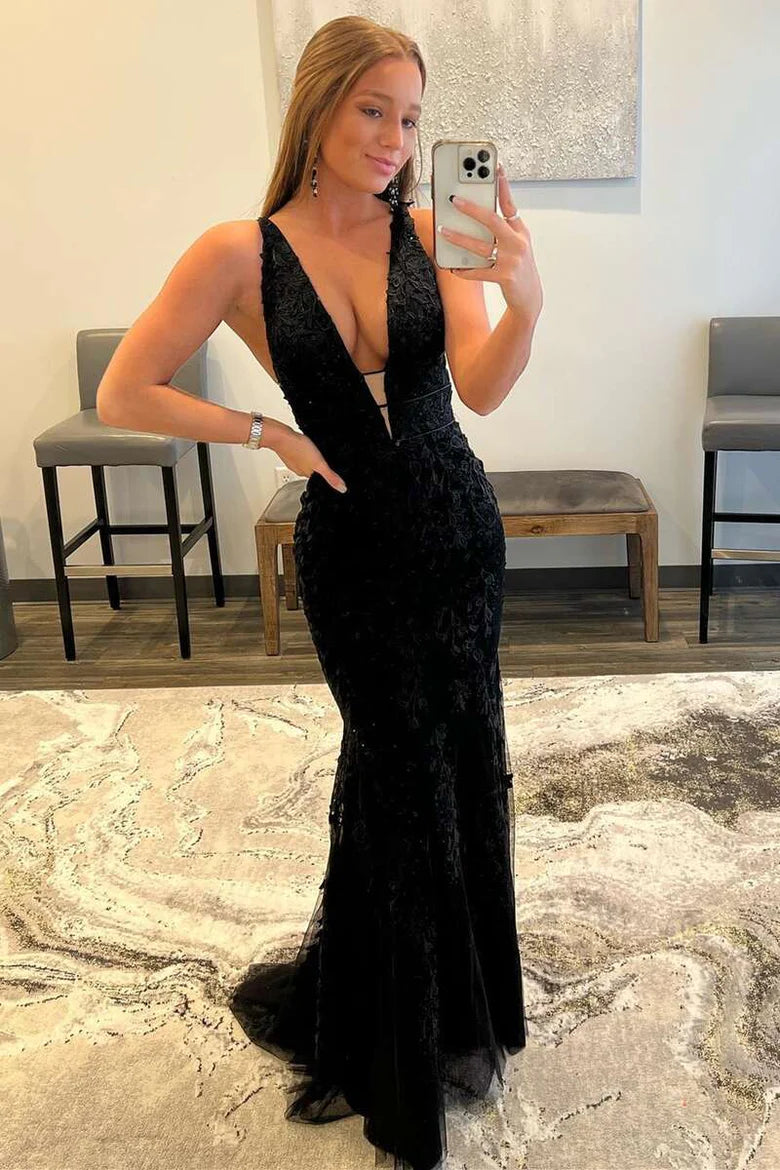 Black Embroidered Mermaid Long Prom Dress