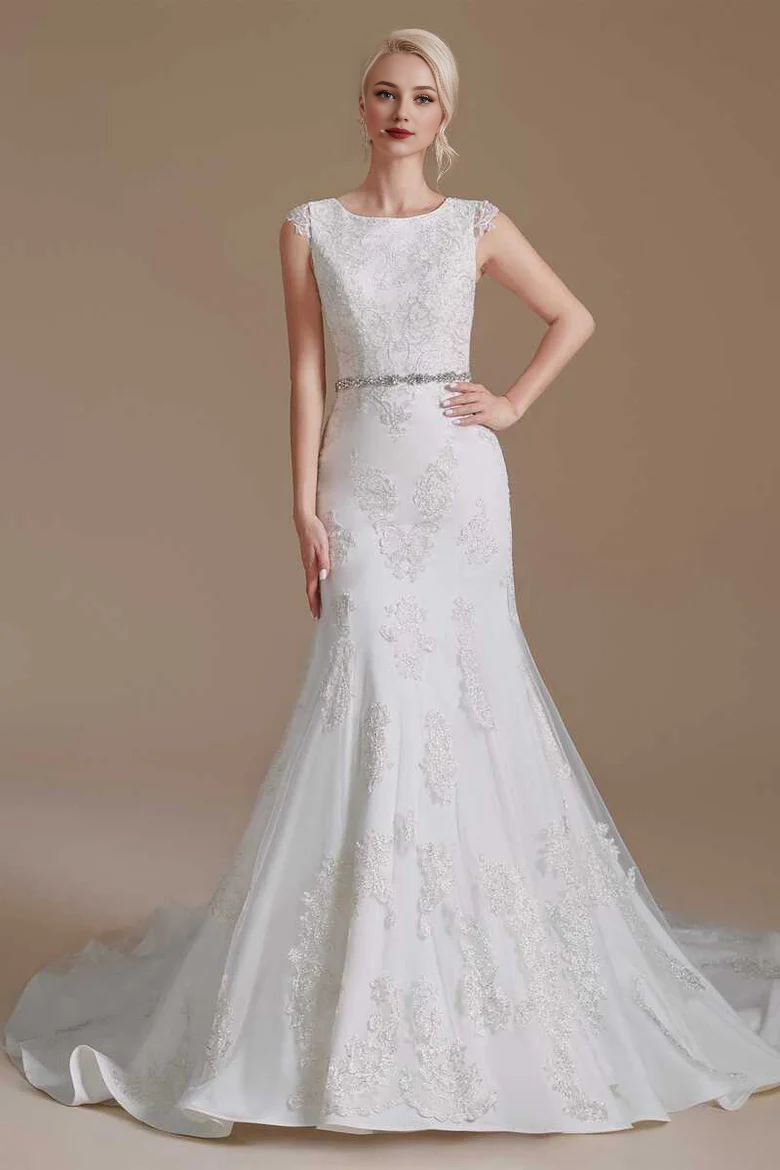 Lace Cap Sleeve Sheer Back Mermaid Wedding Dress