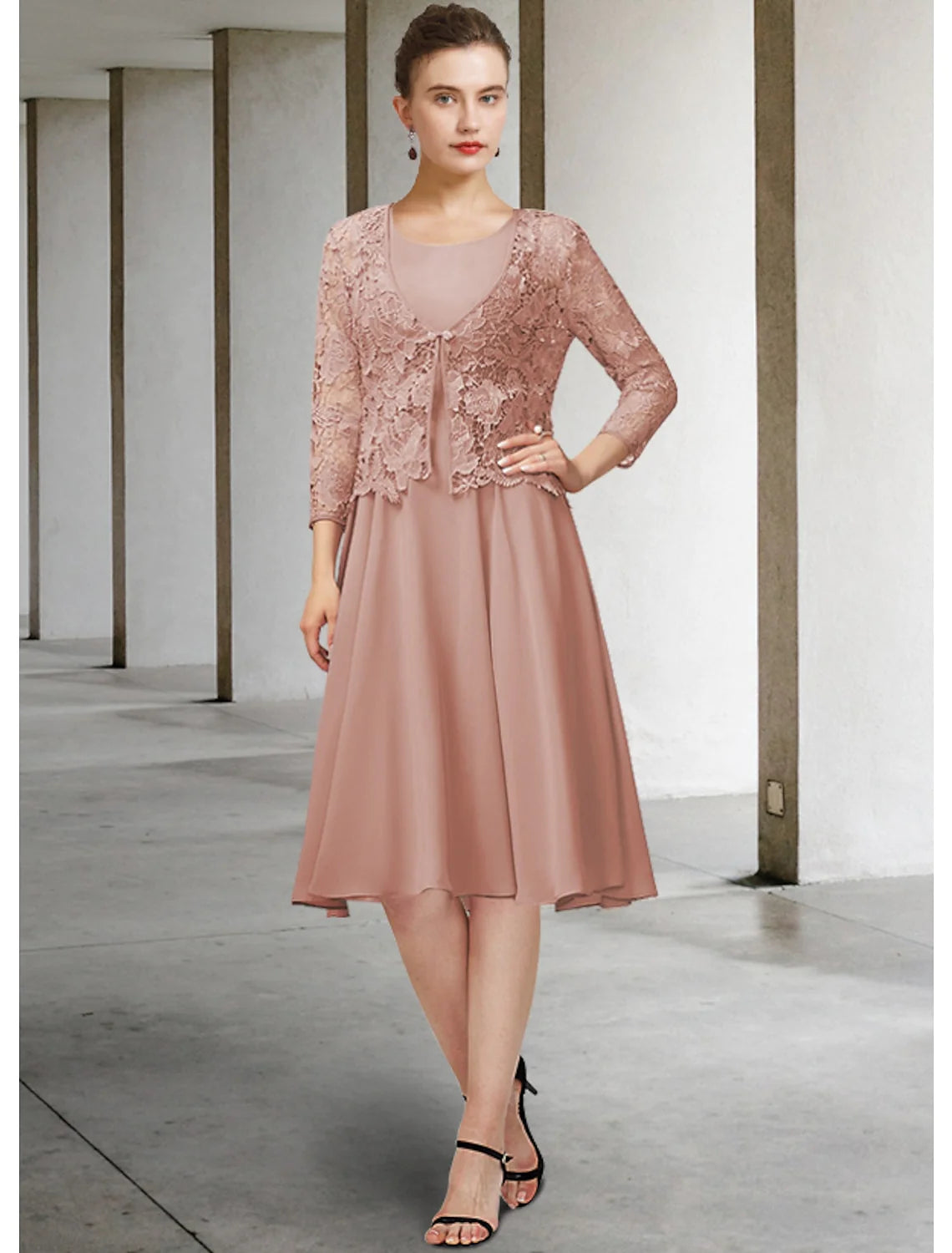 DingjiTwo Piece A-Line Mother of the Bride Dress Elegant Jewel Neck Knee Length Chiffon Lace 3/4 Length Sleeve with Bow(s) Appliques