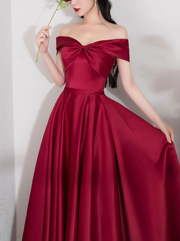 A-line Dark Red Satin Long Prom Dress Red Bridesmaid Dress