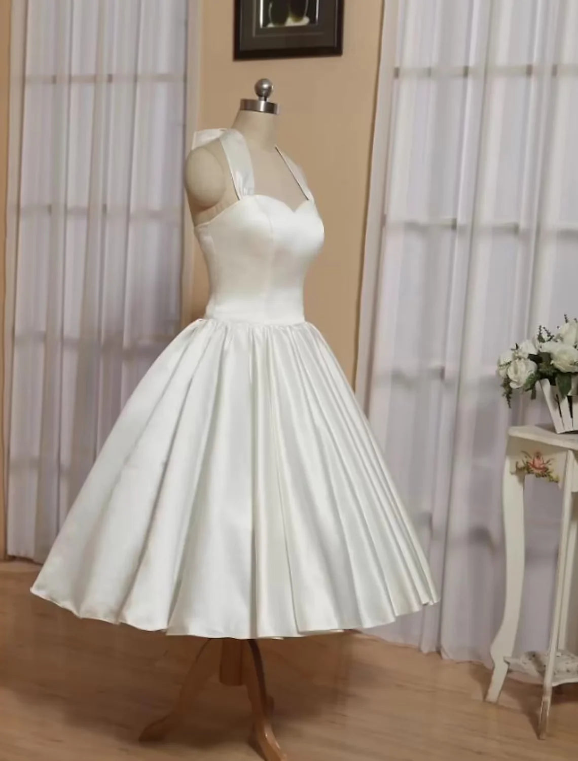 DingjiBall Gown A-Line Cocktail Dresses Minimalist Dress Engagement Tea Length Sleeveless Halter Italy Satin with Butterfly Pure Color