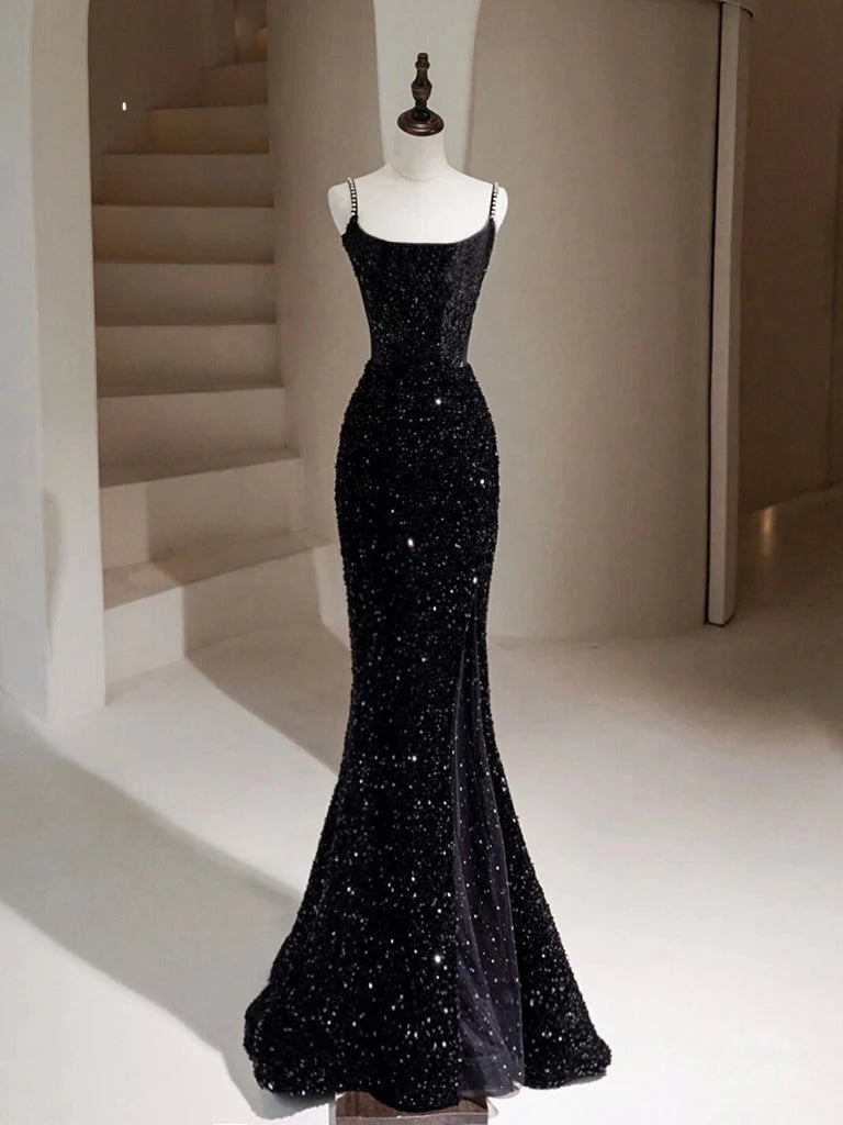 Mermaid Velvet Sequin Black Long Party Dress