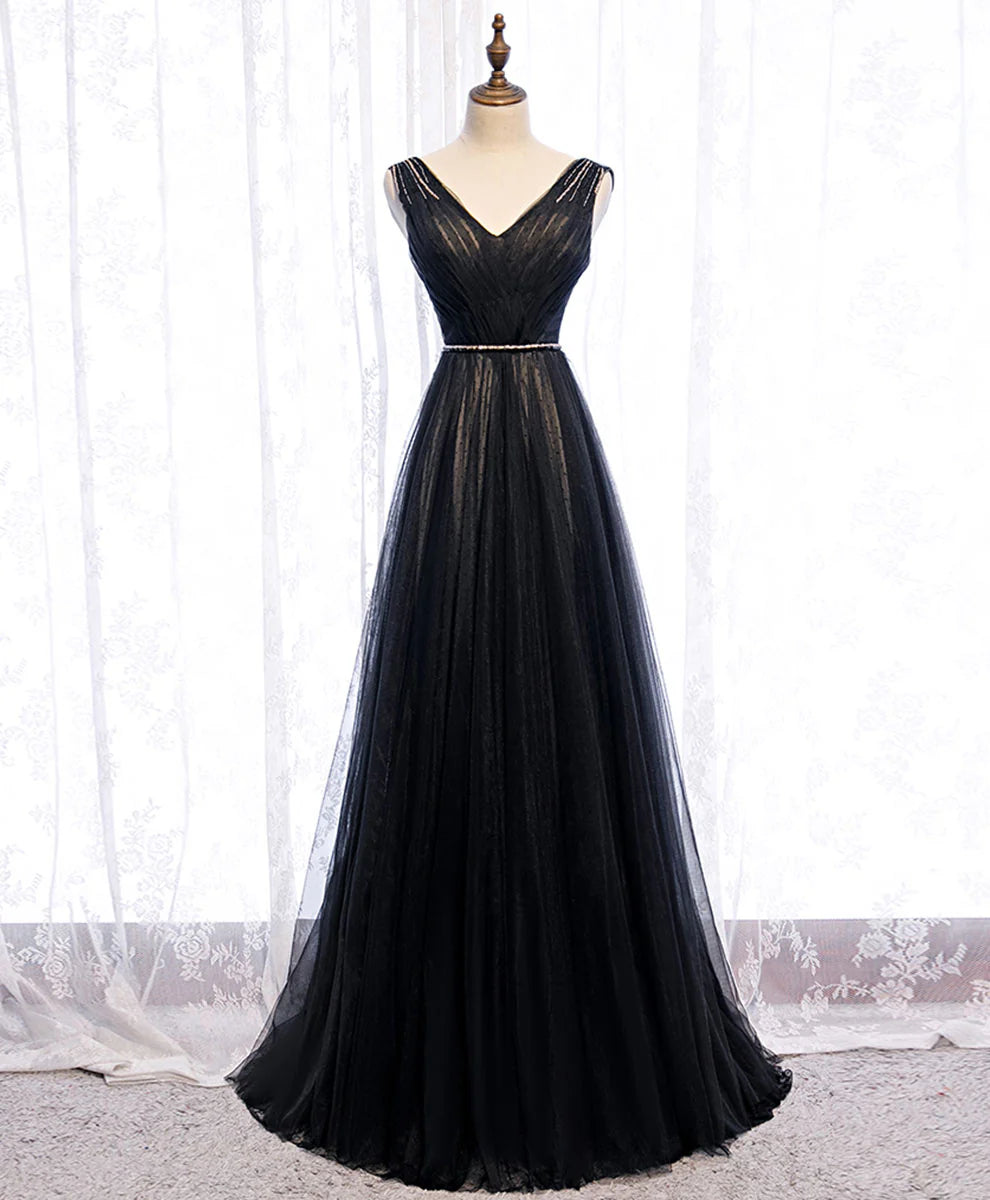 V Neck Tulle Lace Long Prom Dress Black Evening Dress
