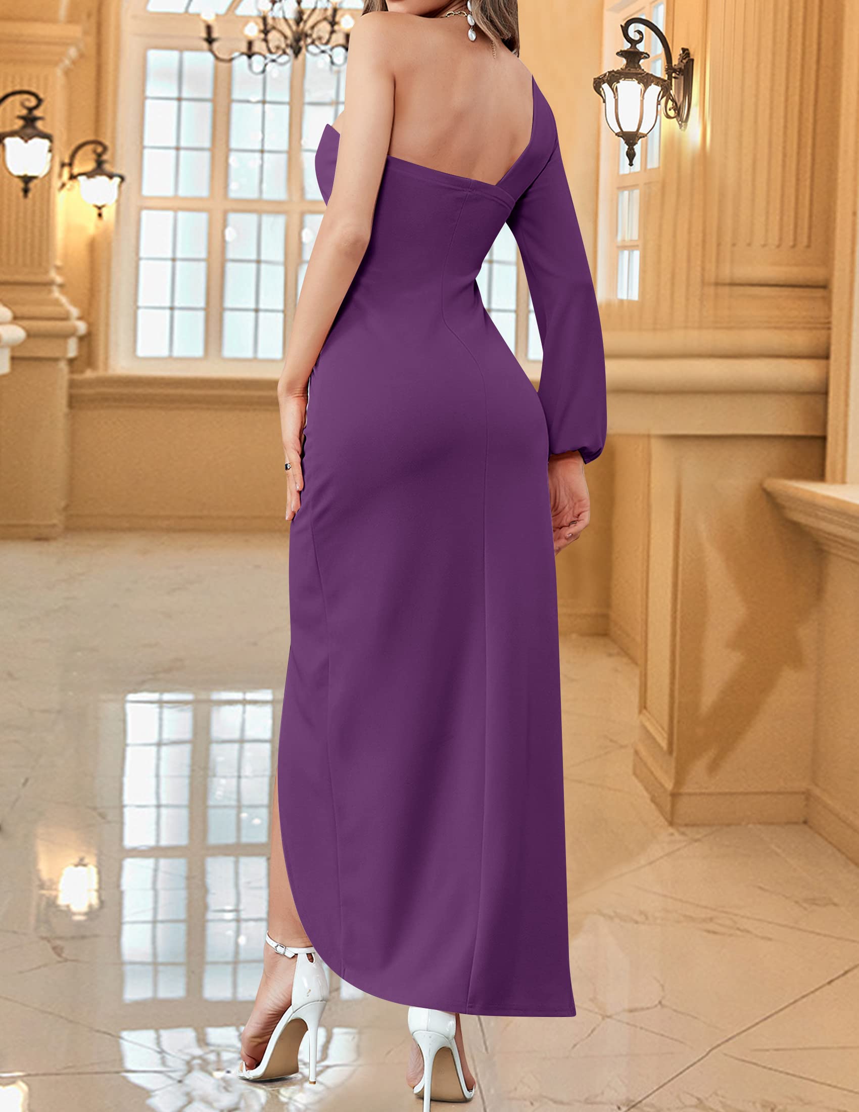Dark purple One Shoulder Long Sleeve Prom Dress Sexy High Slit Ruched Bodycon