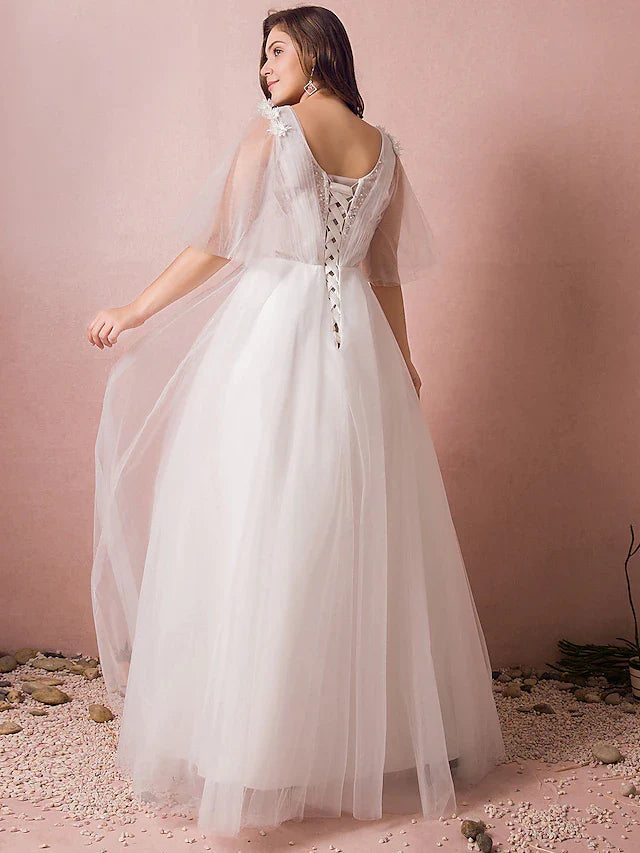 A-Line Wedding Dresses V Neck Floor Length Lace Satin Tulle Half Sleeve Formal Plus Size with Pearls Beading Appliques