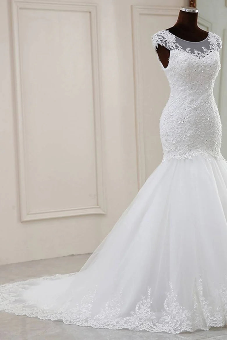 Elegant White Beaded Embroidered Cap Sleeve Trumpet Wedding Dress