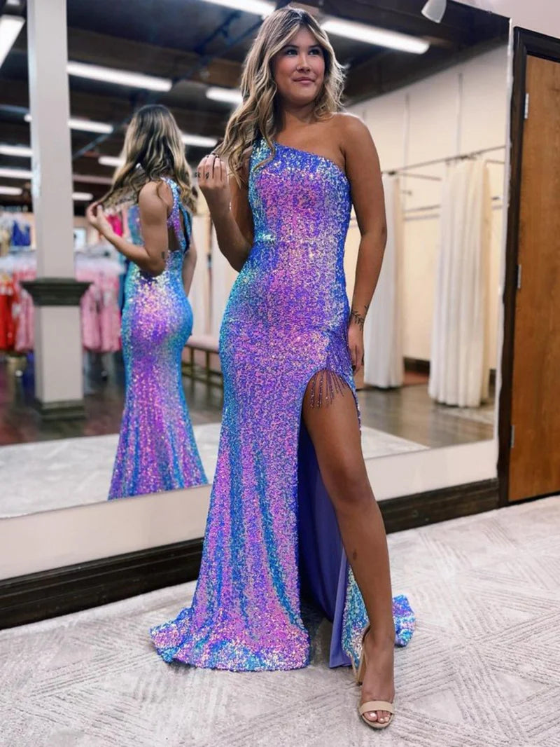 Mermaid One-Shoulder Sequins Prom Dress With