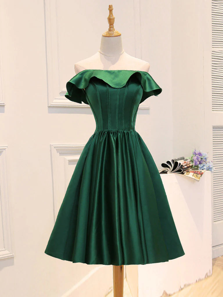 A-Line Satin Green Short Prom Dress Green Homecoming Dress