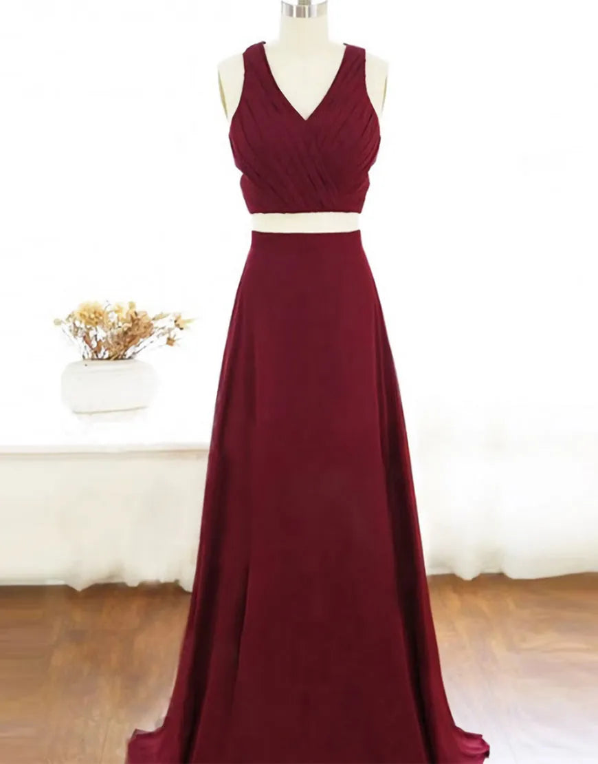 Two Prom Dresses A-Line Floor-length Burgundy Chiffon Prom Dress