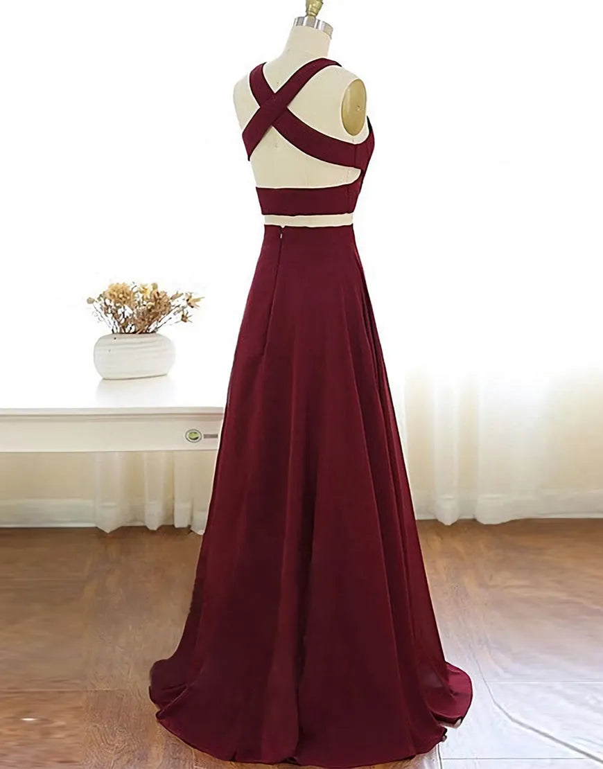 Two Prom Dresses A-Line Floor-length Burgundy Chiffon Prom Dress