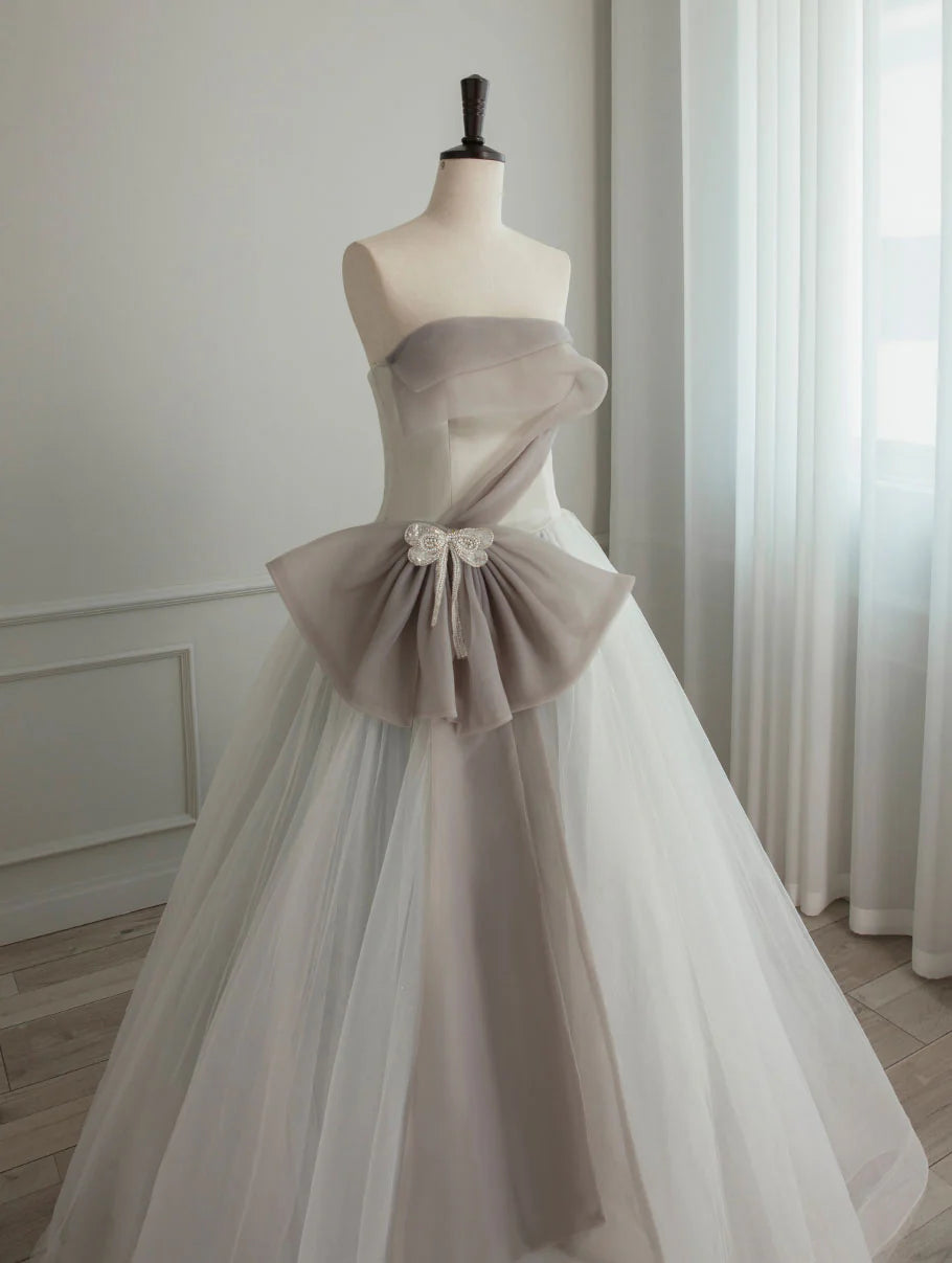 A-Line Tulle White Long Prom Dress White Formal Party Dress