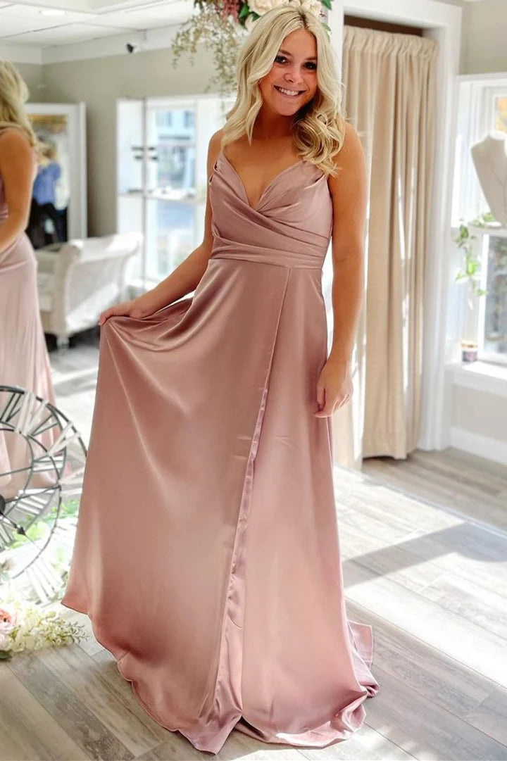Satin Pleated V-Neck Backless Long Prom Dress