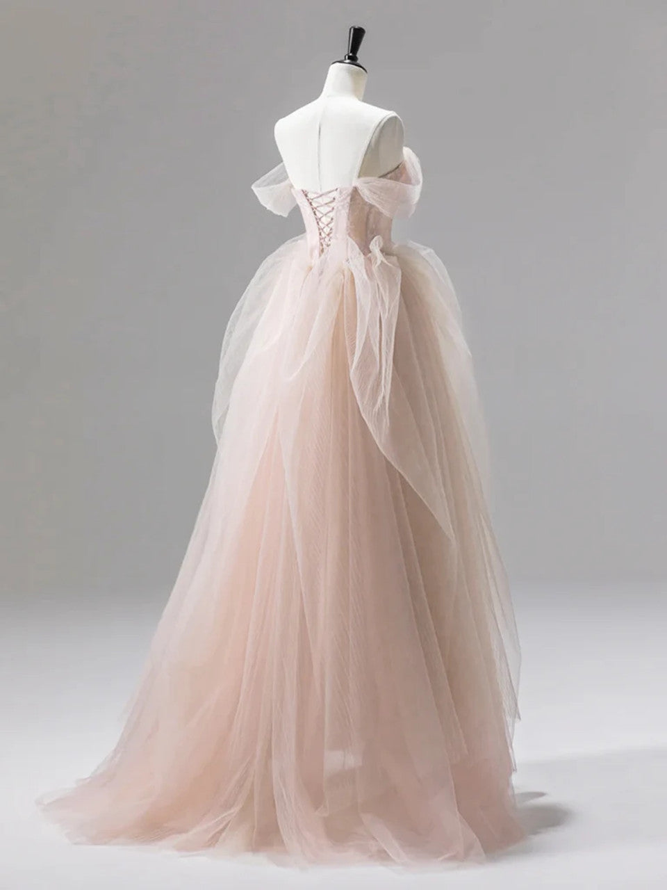 Champagne Pink Off Shoulder Tulle Lace Long Prom Dress