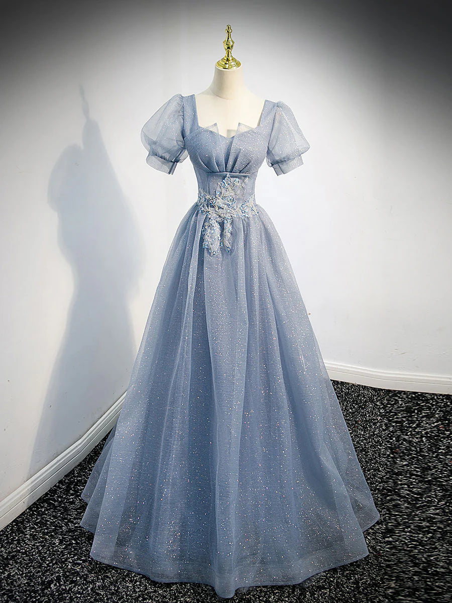 Tulle Long Prom Dress Gray Blue Tulle Formal Evening Dresses