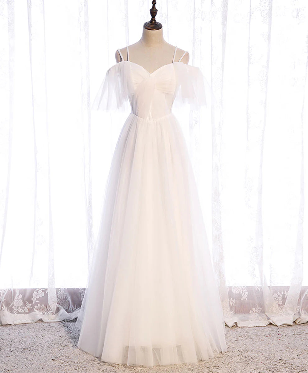 Sweetheart Tulle Long Prom Dress White Bridesmaid Dress