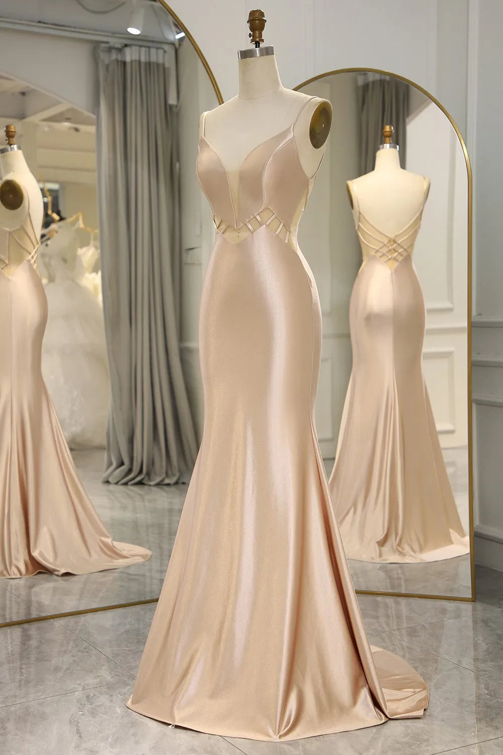 Champagne Spaghetti Straps Long Mermaid Satin Prom Dress