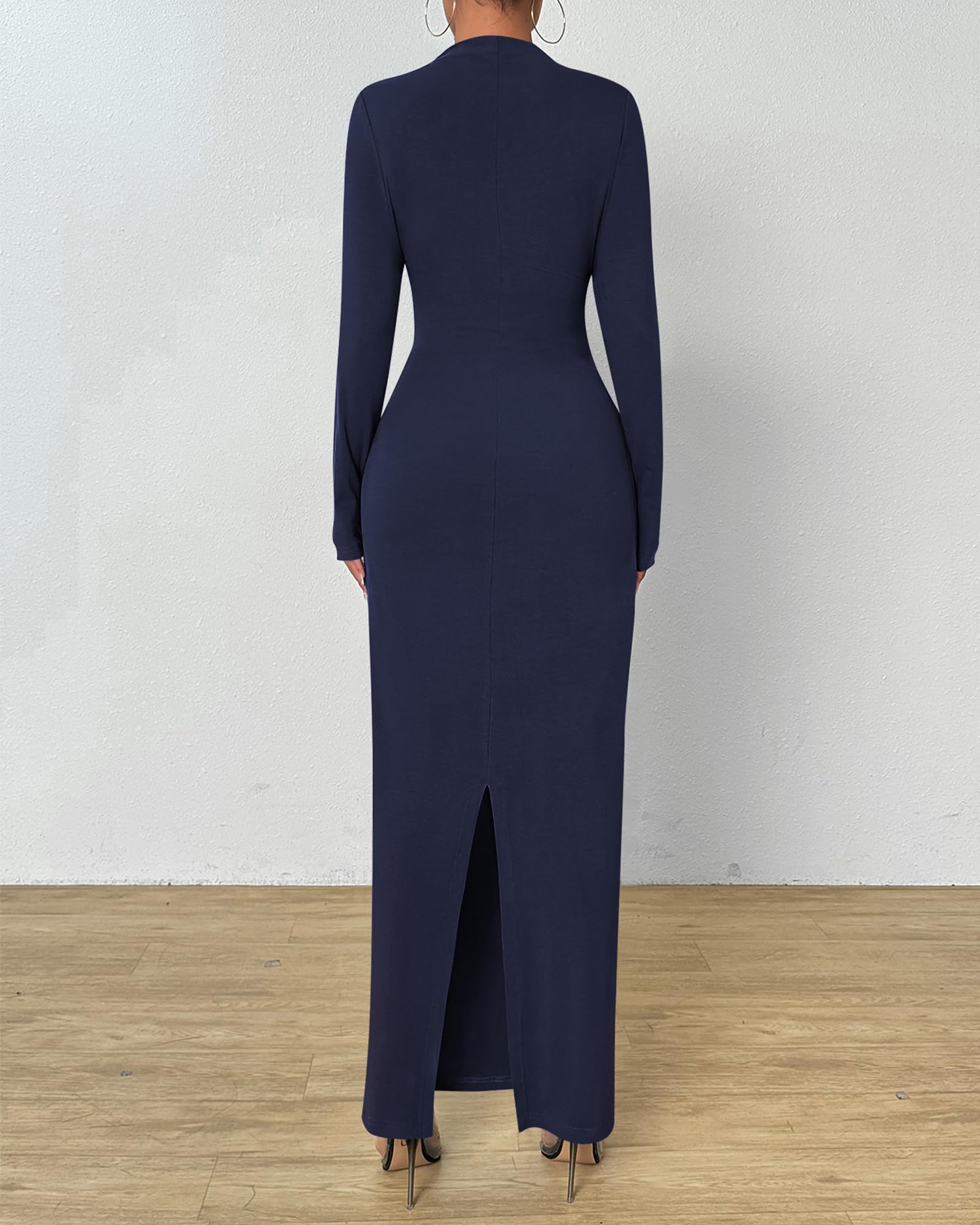 Navy Women Bodycon Maxi Dress Long Sleeve Back Slit Ruched Elegant Party Cocktail Formal Fall Prom Dresses