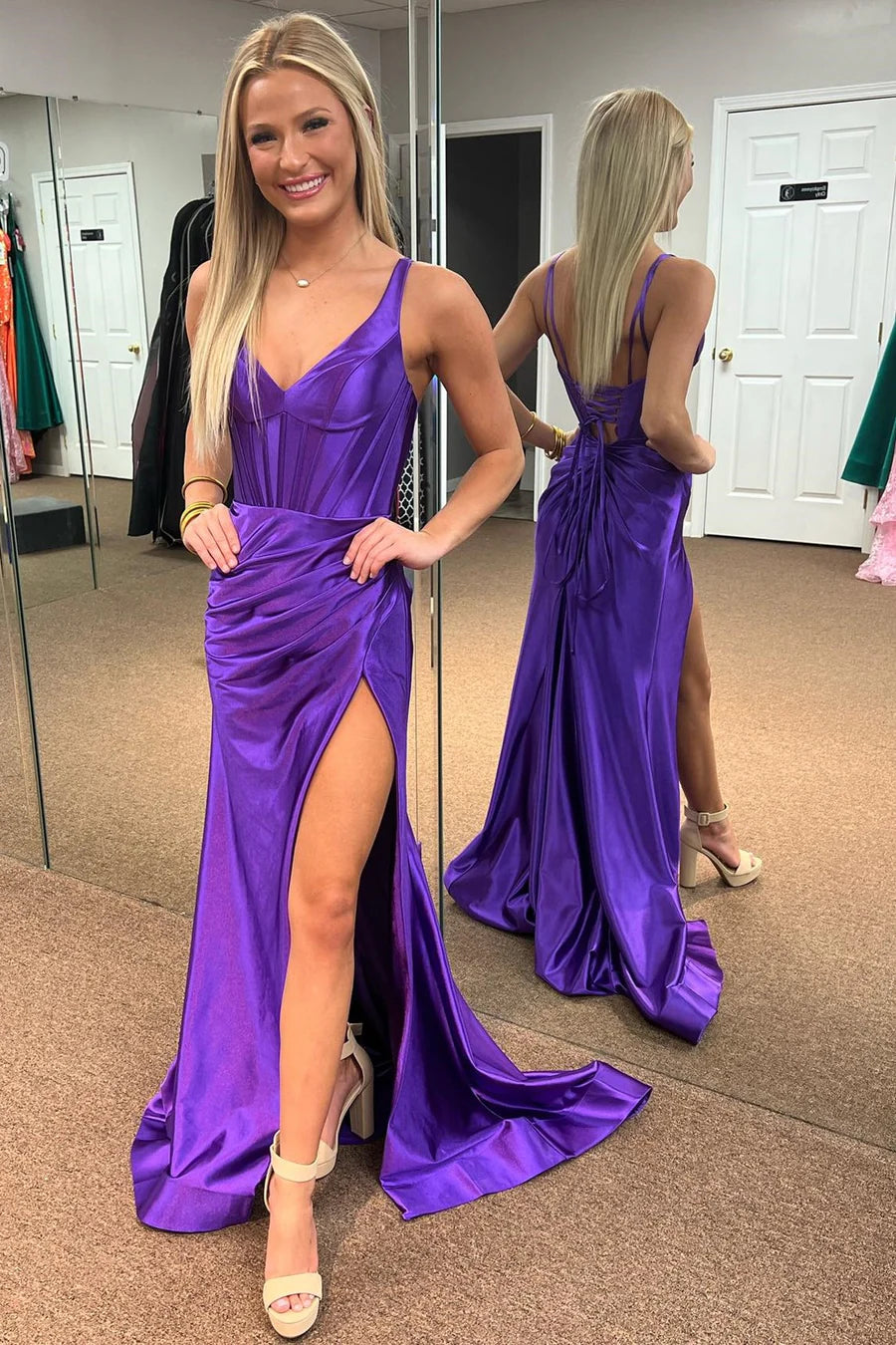 V-Neck Ruched Mermaid Long Formal Dress with Slit