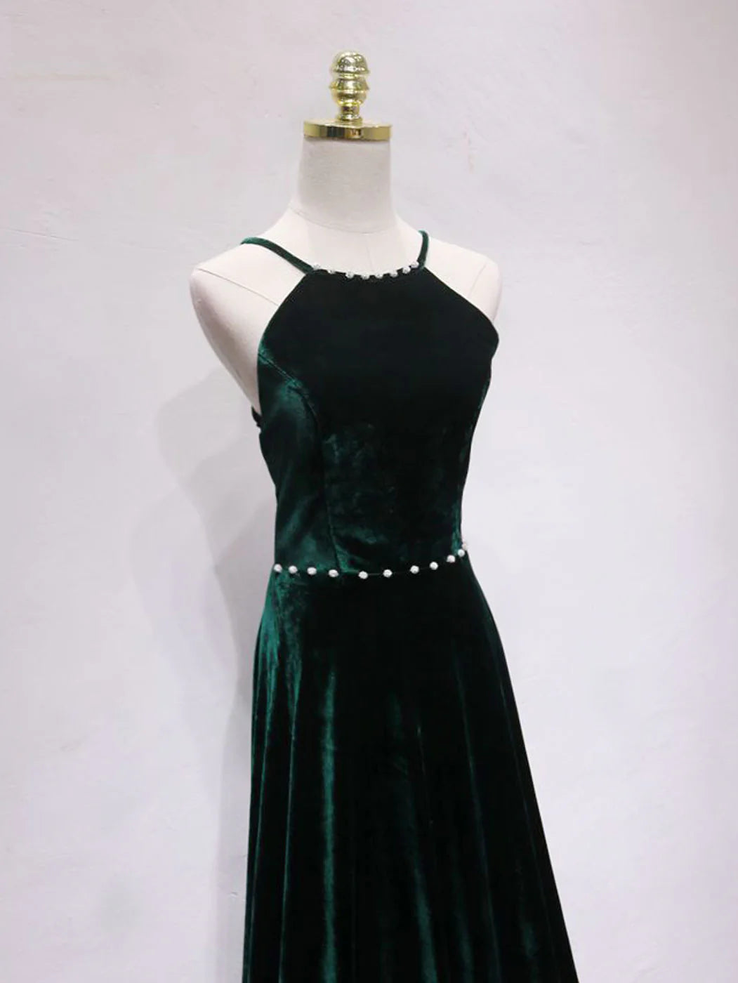 A-Line Backless Green Velvet Long Prom Dresses