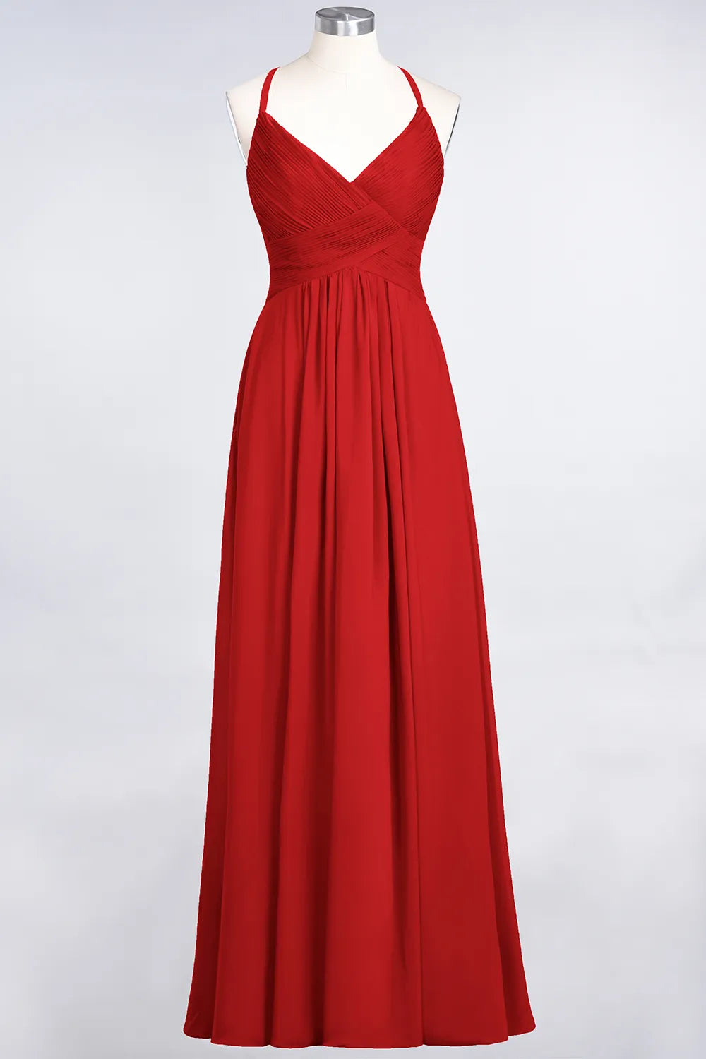 A-Line Spaghetti Straps V-Neck Sleeveless Backless Bridesmaid Dress with Ruffles
