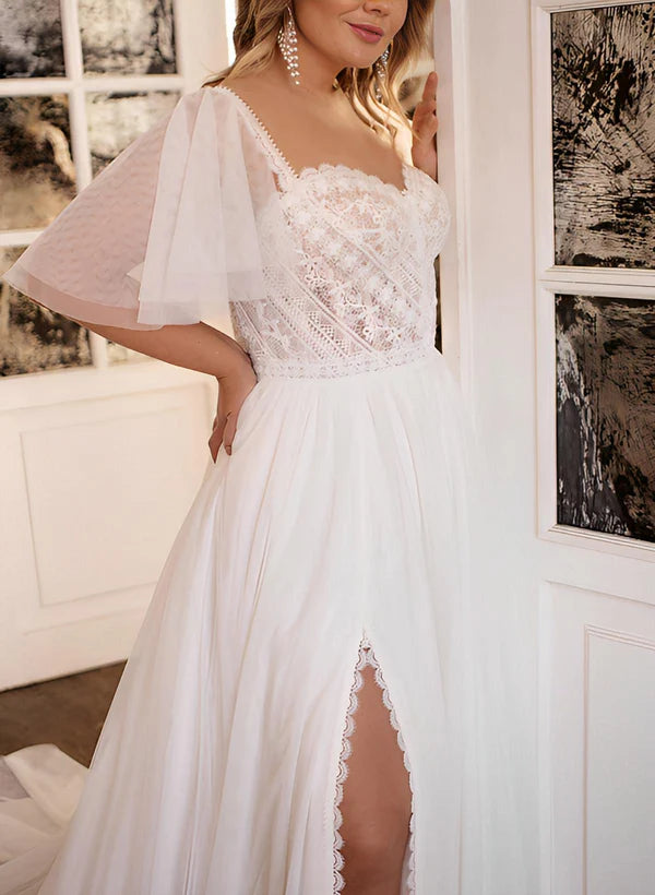 Plus Size Sweetheart Short Sleeves Sweep Train Chiffon Wedding Dresses