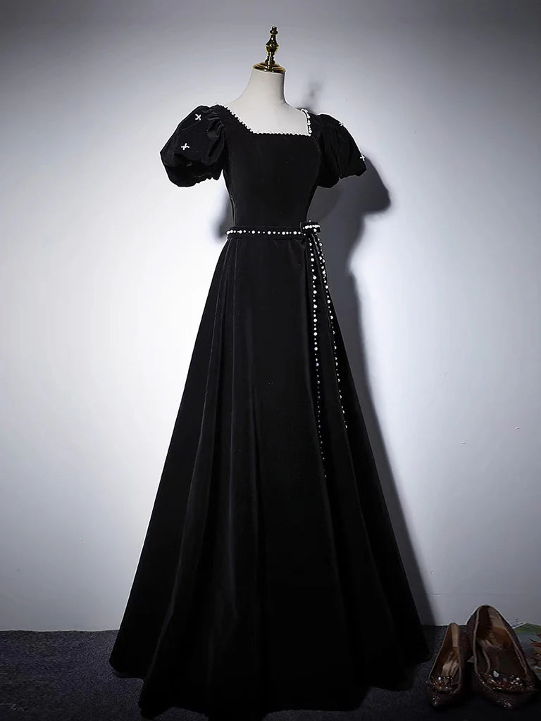 A-Line Velvet Black Long Prom Dress