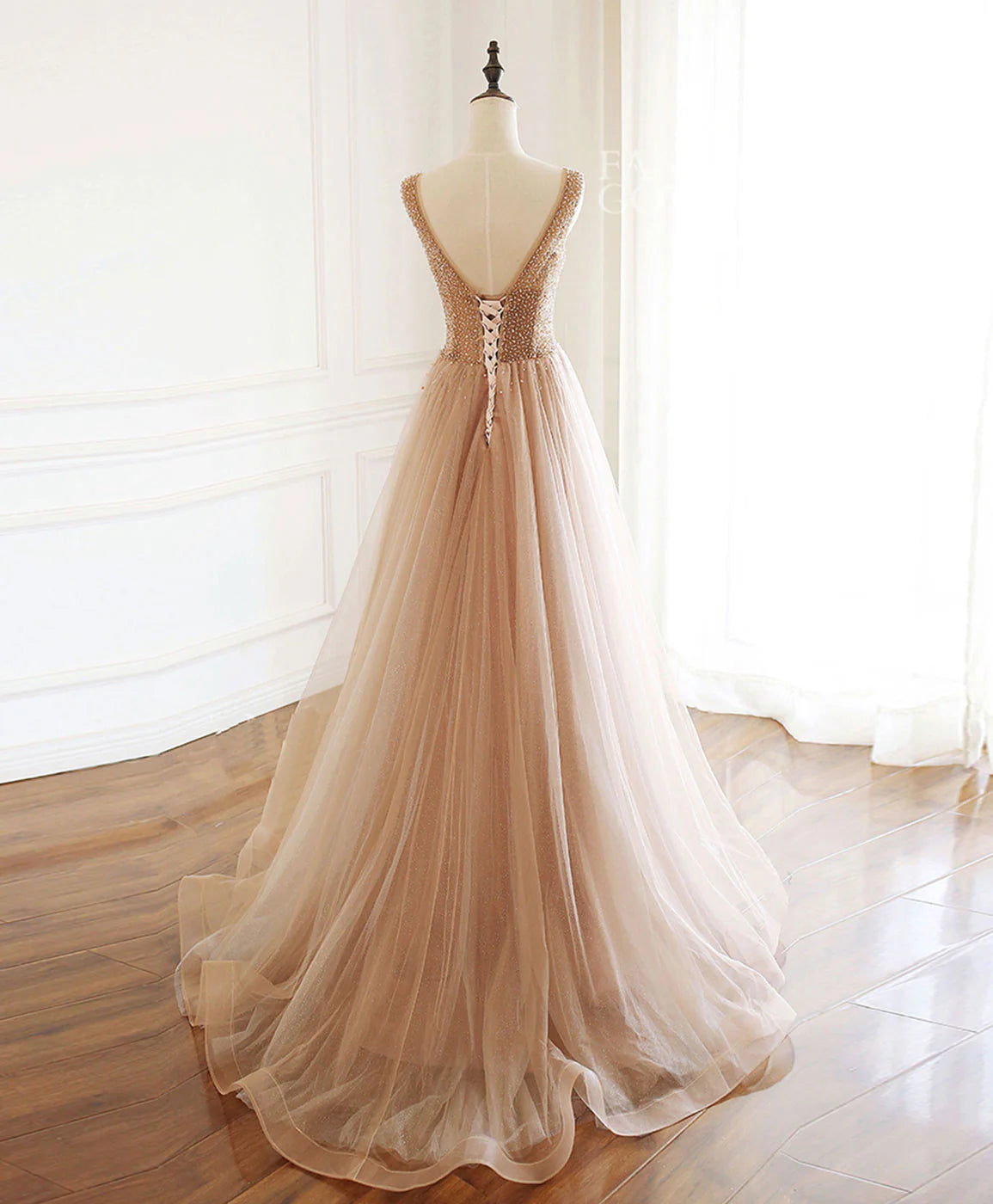 V Neck Tulle Beads Long Prom Dress Evening Dress