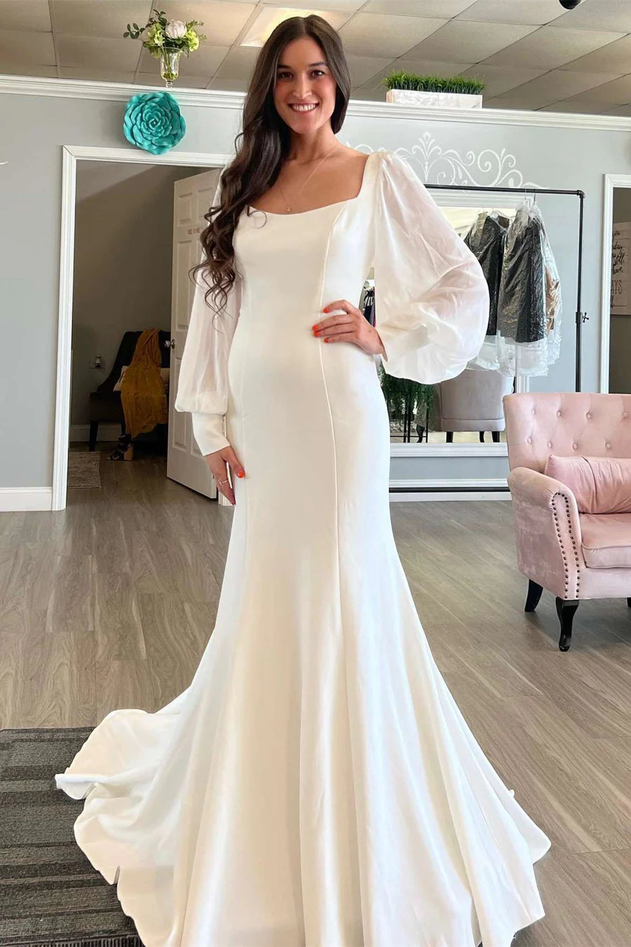 Elegant Square Neck Long Sleeve Backless Mermaid Dress