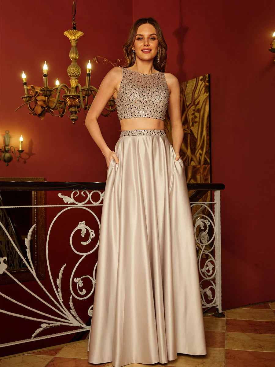 A-Line/Princess Scoop Sleeveless Two Piece Long Prom Dresses