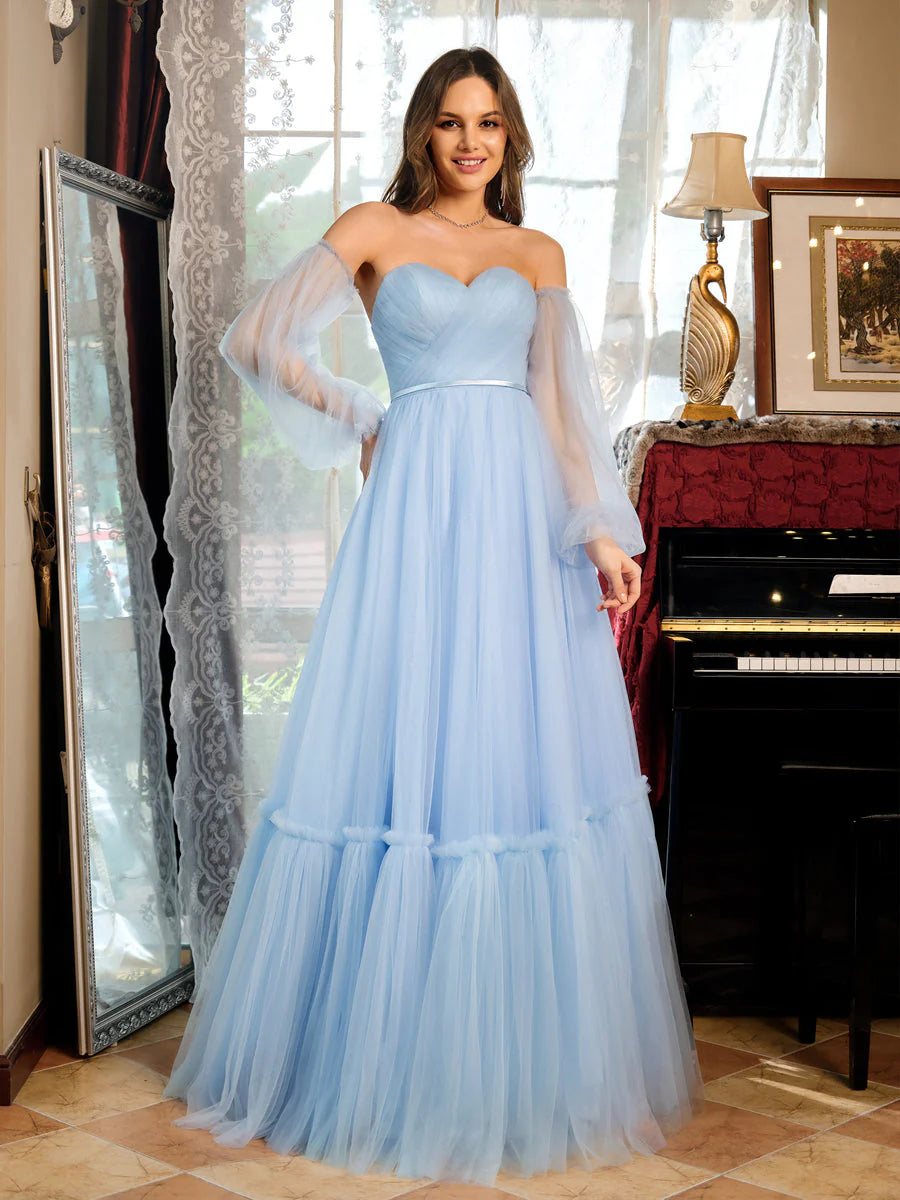 A-Line/Princess Tulle Sweetheart Long Prom Dresses With Belt
