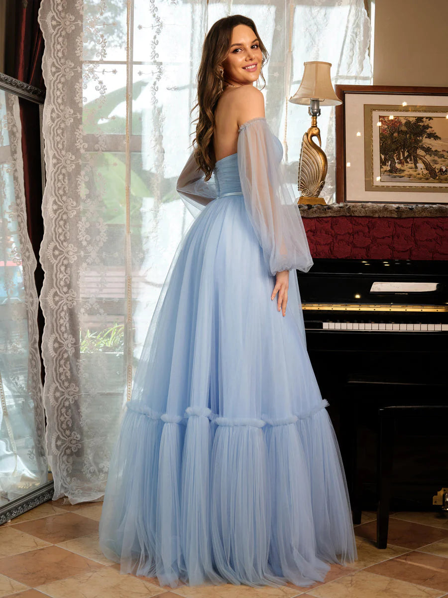 A-Line/Princess Tulle Sweetheart Long Prom Dresses With Belt