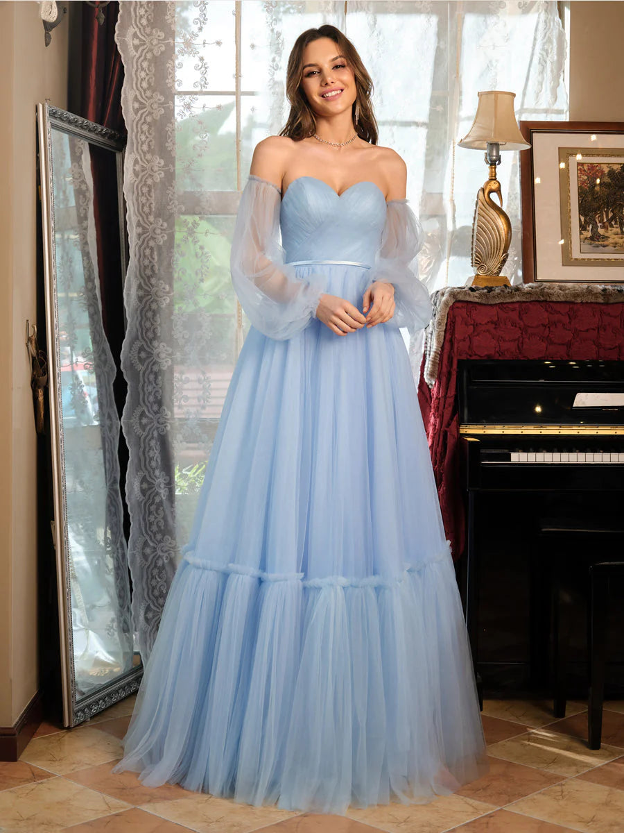 A-Line/Princess Tulle Sweetheart Long Prom Dresses With Belt