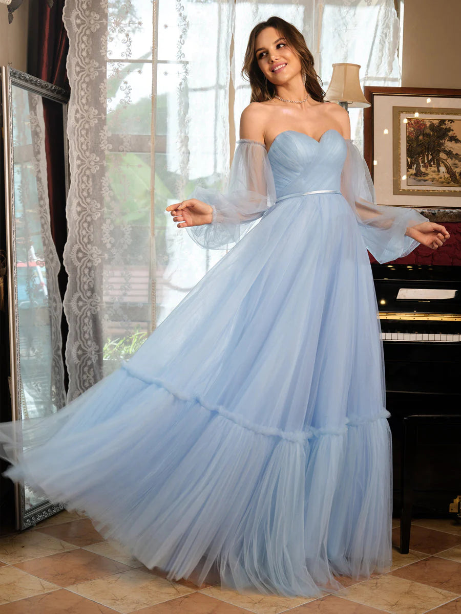 A-Line/Princess Tulle Sweetheart Long Prom Dresses With Belt