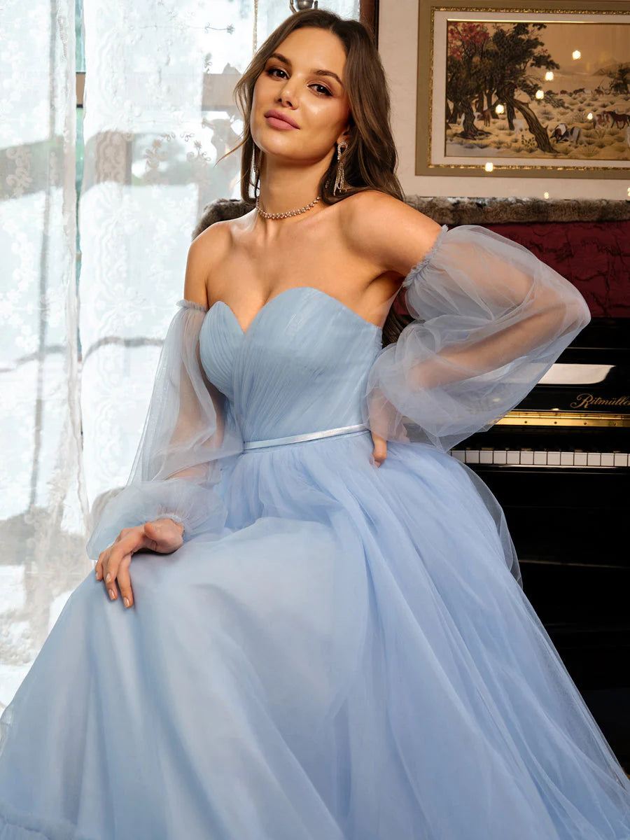 A-Line/Princess Tulle Sweetheart Long Prom Dresses With Belt