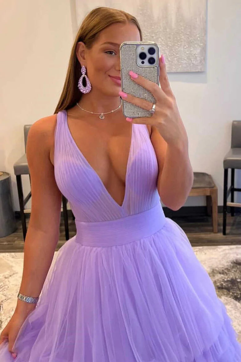 Lavender Plunge Neck A-Line Long Prom Dress