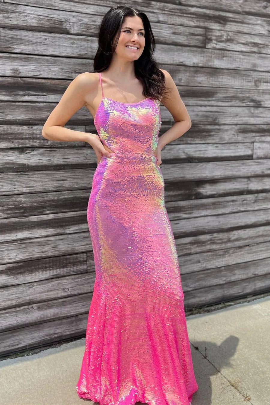 Pink Sequin Lace-Up Mermaid Long Gown