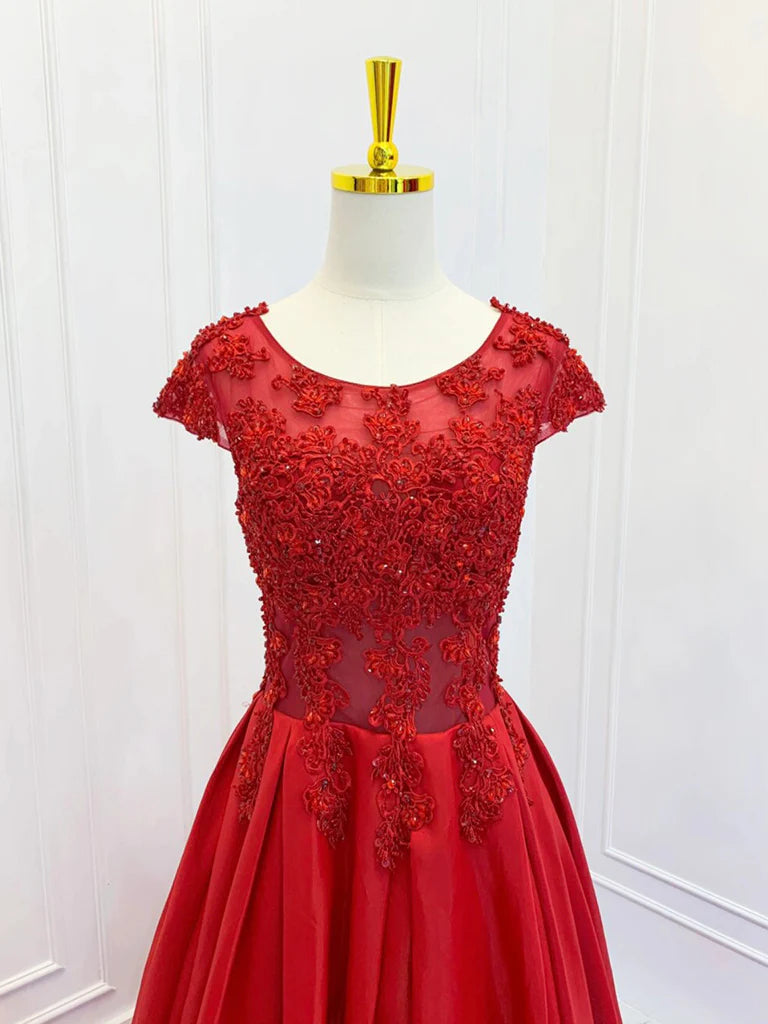 A-Line Scoop Neckline Satin Lace Burgundy Long Prom Dress