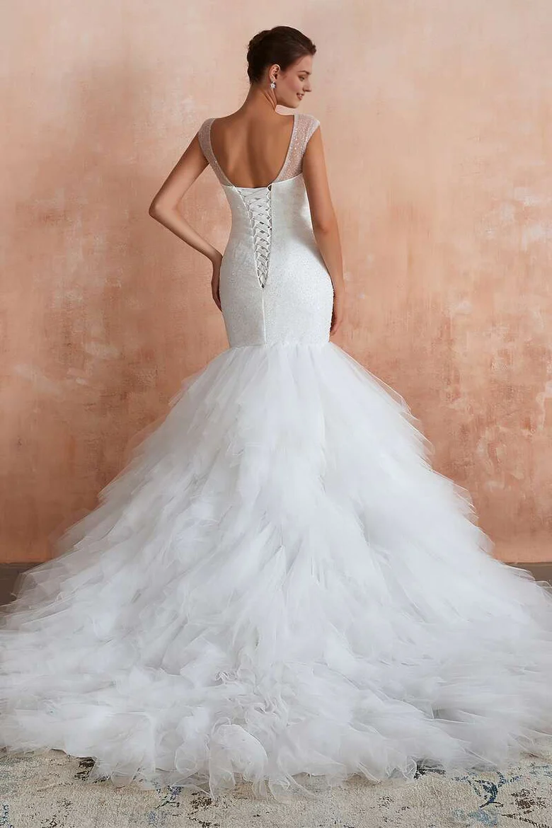 Multi-Tiered Lace-Up Trumpet Wedding Dress with Sweep Train