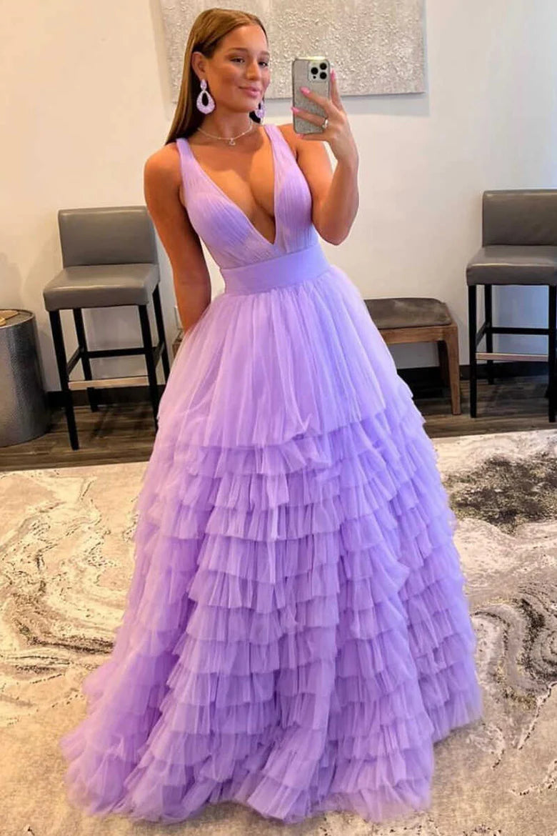 Lavender Plunge Neck A-Line Long Prom Dress