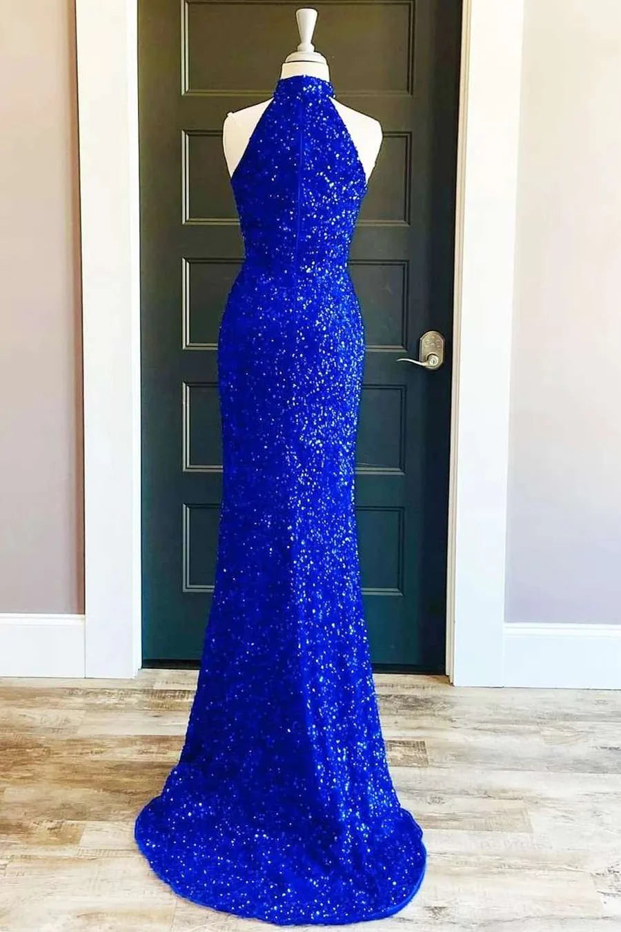 Sequin Halter Long Prom Dress with Slit