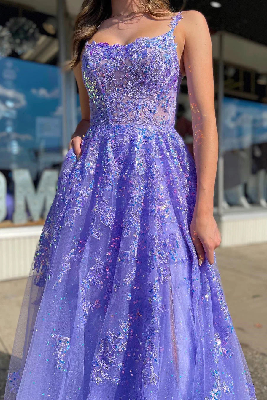 Lavender Tulle Sequin Scoop Neck A-Line Long Dress with Slit