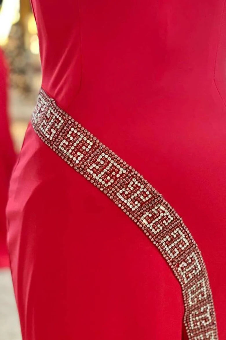 Satin Beaded One-Shoulder Backless Long Formal Dress