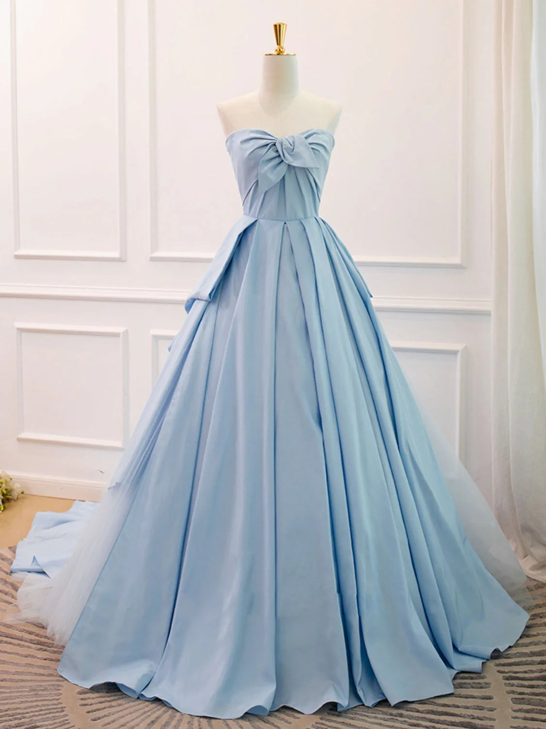 A-Line Sweetheart Neck Satin Tulle Blue Long Prom Dress