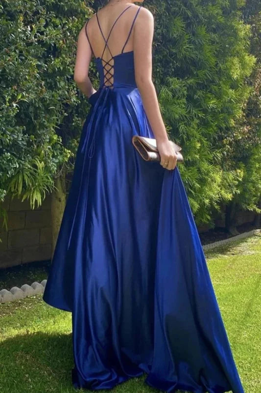 Royal Blue Spaghetti Strap Long Prom Dress with String Back