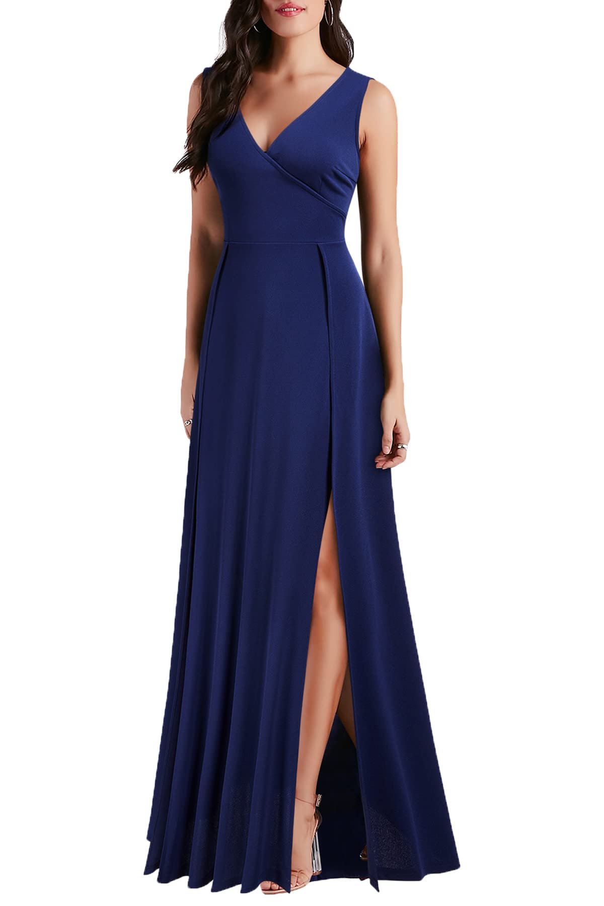 Navy Blue Women's V Neck Sleeveless Split Formal Dress Cocktail Party Prom Long Dresses