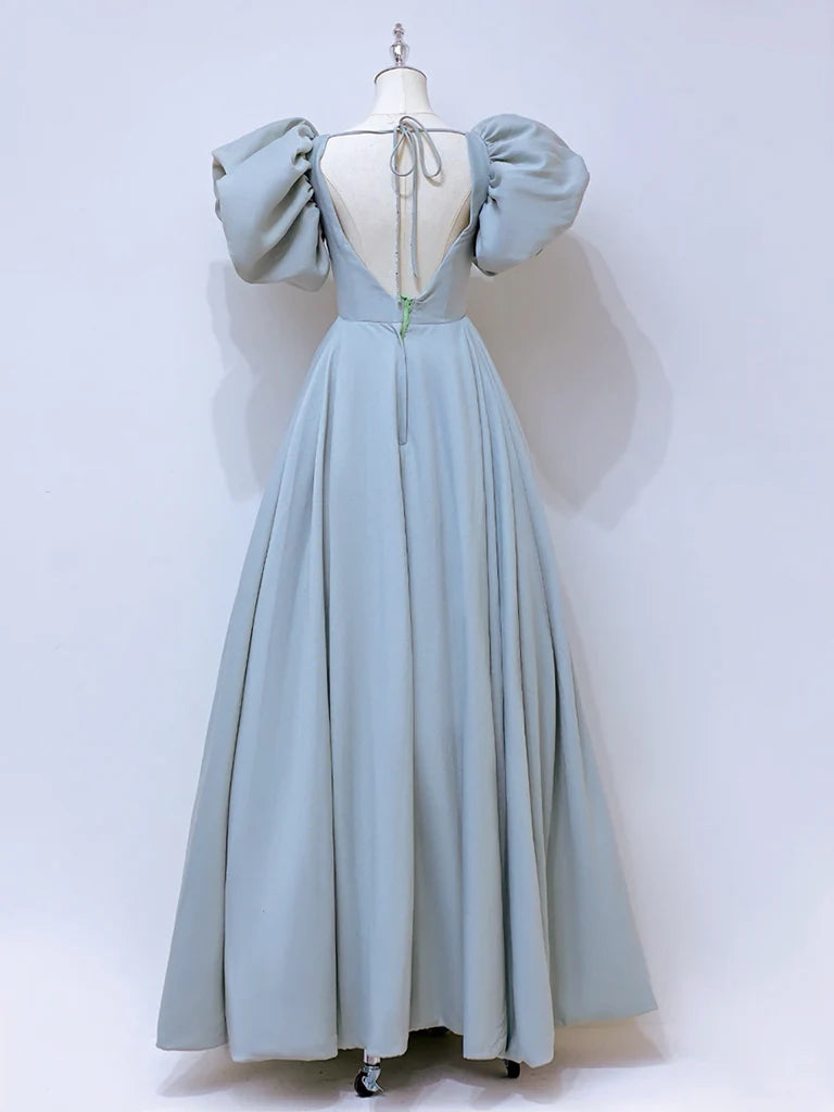 A-Line Puff sleeves Long Blue Prom Dress